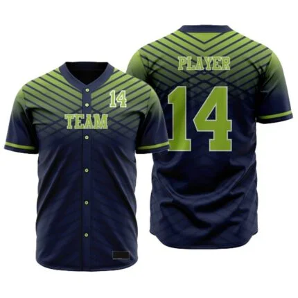 Custom American football jersey set in navy blue and neon green with player number 14.