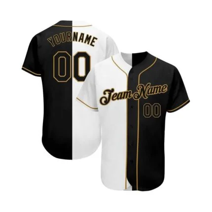 Custom black and white baseball jersey with gold trim, team name, and personalized number.