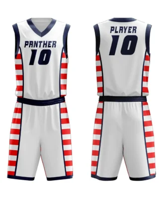 White custom basketball jersey and shorts set with red striped side panels and player number 10