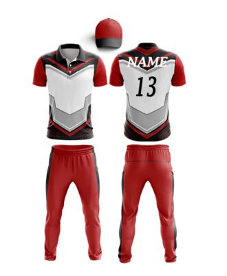 Red, black and white custom cricket uniform with jersey number 13, matching trousers and cap