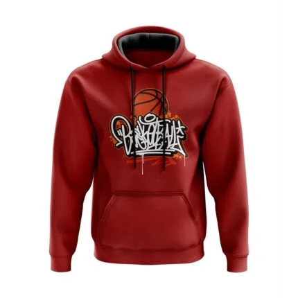 Red pullover hoodie with basketball graphic, drawstring hood, kangaroo pocket, and ribbed cuffs, front view