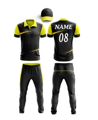 Black and yellow custom cricket uniform with player name, number 08, matching trousers and cap