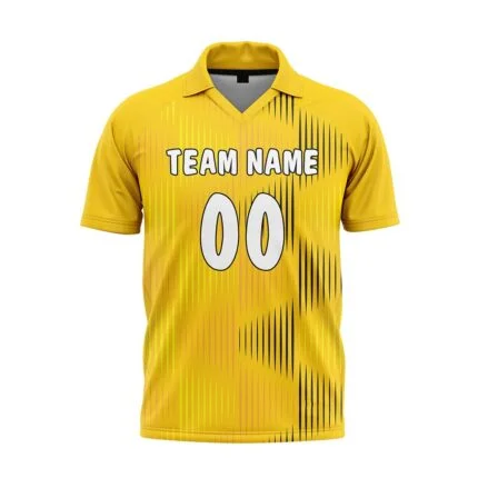Yellow custom soccer jersey with collar, team name, and black graphic accents, front view