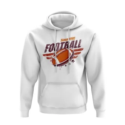 White pullover hoodie with football graphic, front kangaroo pocket, drawstrings, and ribbed cuffs