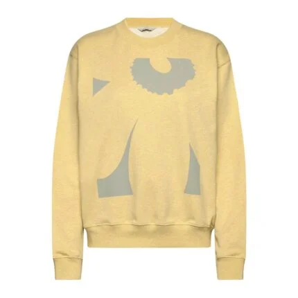 Yellow crewneck sweatshirt with subtle grey abstract front graphics and ribbed cuffs, front view
