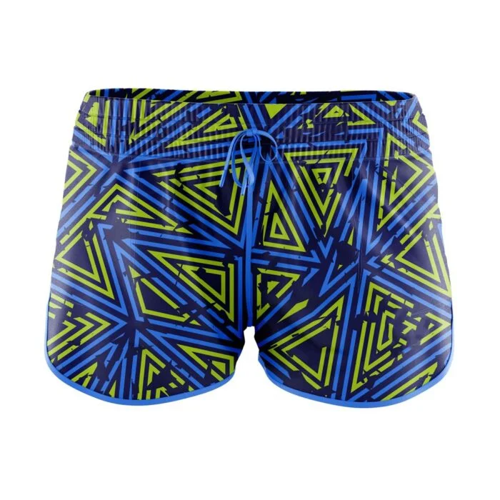 Custom printed blue and lime green geometric sports shorts with an elastic waistband and drawstring.