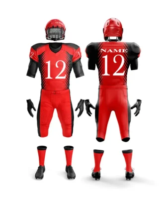 Red American football uniform set with helmet, jersey number 12, pants, gloves, and socks