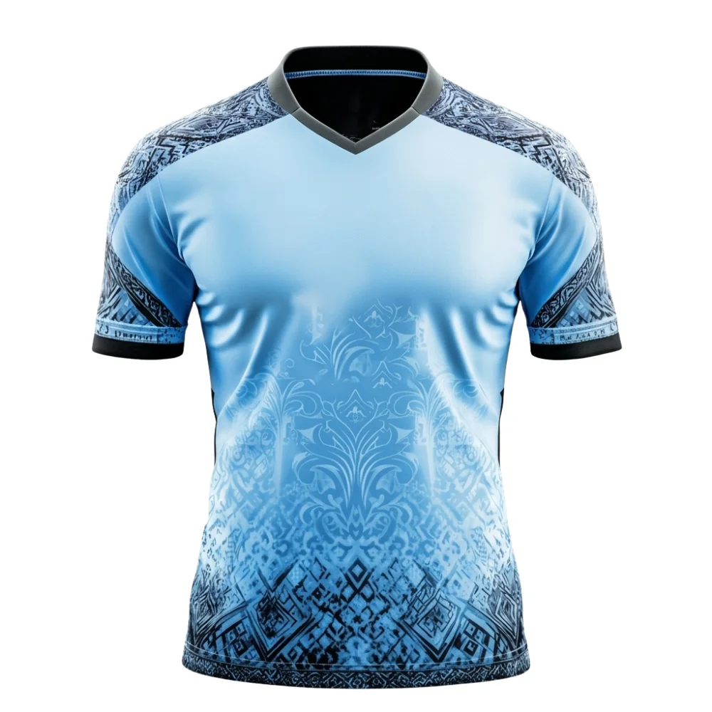 Light blue short-sleeve football jersey with dark blue geometric patterns on the shoulders, sleeves, and lower front, featuring a V-neck collar.