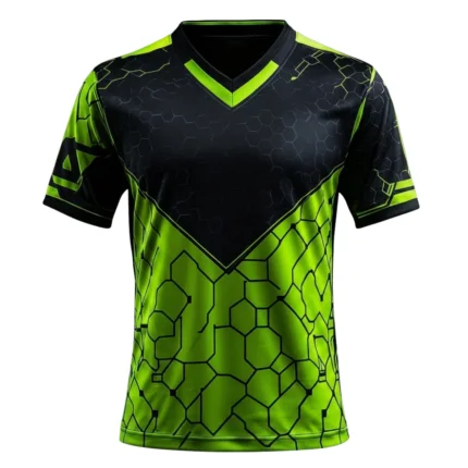 Black and neon green short-sleeve soccer jersey with a geometric honeycomb pattern and V-neck collar.