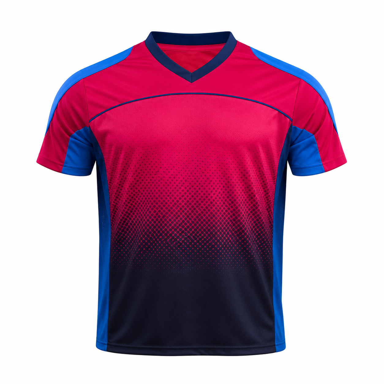 Red and navy blue short-sleeve soccer jersey with a V-neck collar and gradient dotted pattern on a white background.