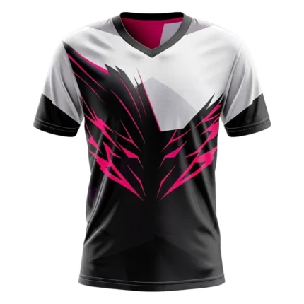 Black and white custom sports jersey with bold pink graphic design and V-neck collar.