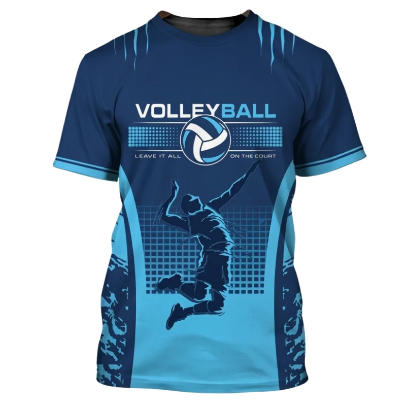 Blue volleyball jersey with “VOLLEYBALL” graphic, volleyball icon, and jumping player design.