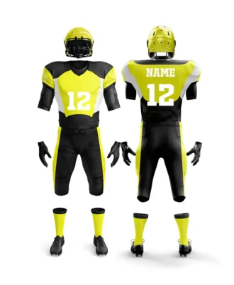 Yellow and black American football uniform set with helmet, jersey number 12, pants, gloves, and socks