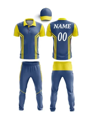 Blue and yellow custom cricket uniform with player name, number 00, matching trousers and cap