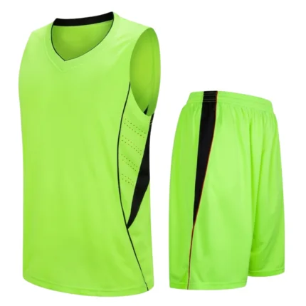Neon green basketball jersey and shorts set with black side accents