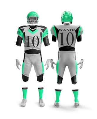 Green and white American football uniform set with helmet, jersey number 10, pants, gloves, and socks