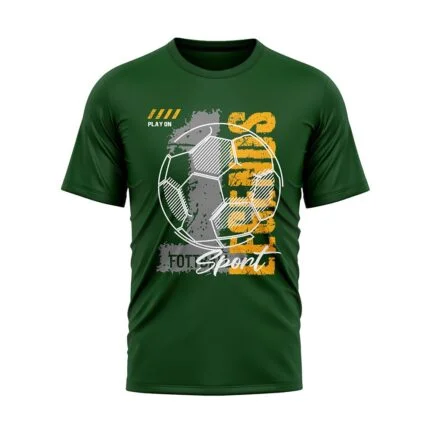 Dark green short-sleeve T-shirt featuring a soccer ball graphic with bold front lettering, front view