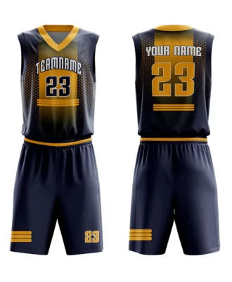 Black and gold custom basketball jersey and shorts set with player number 23