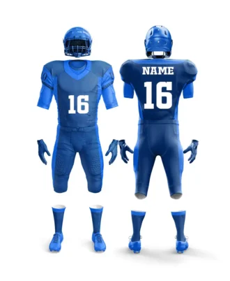 Blue American football uniform set with helmet, jersey number 16, pants, gloves, and socks