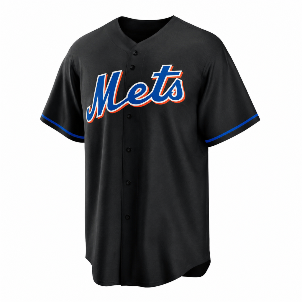 Black custom baseball jersey with blue sleeve trim and colorful front lettering.