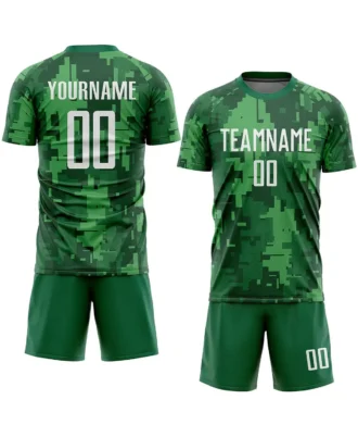 Green custom soccer jersey and shorts set with digital camouflage pattern, player name and number