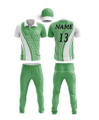 Green and white custom cricket uniform with player name, number 13, matching trousers and cap