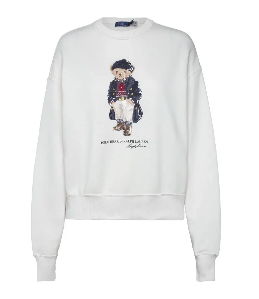 White crewneck sweatshirt with illustrated bear graphic and ribbed cuffs, front view