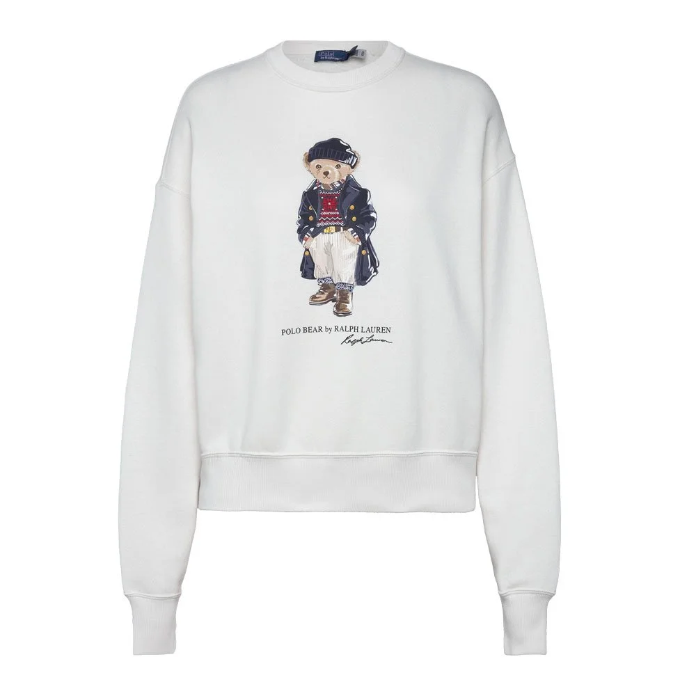 White crewneck sweatshirt with illustrated bear graphic and ribbed cuffs, front view