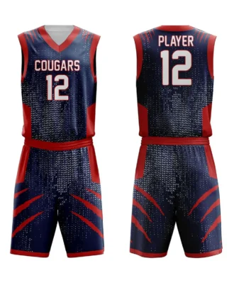 Navy blue and red custom basketball jersey and shorts set with player number 12