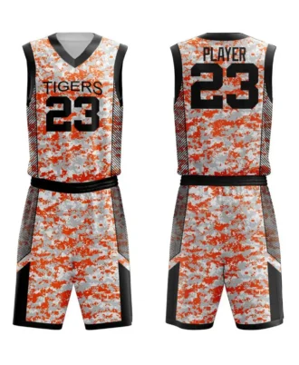 White, orange and black custom basketball jersey and shorts set with player number 23