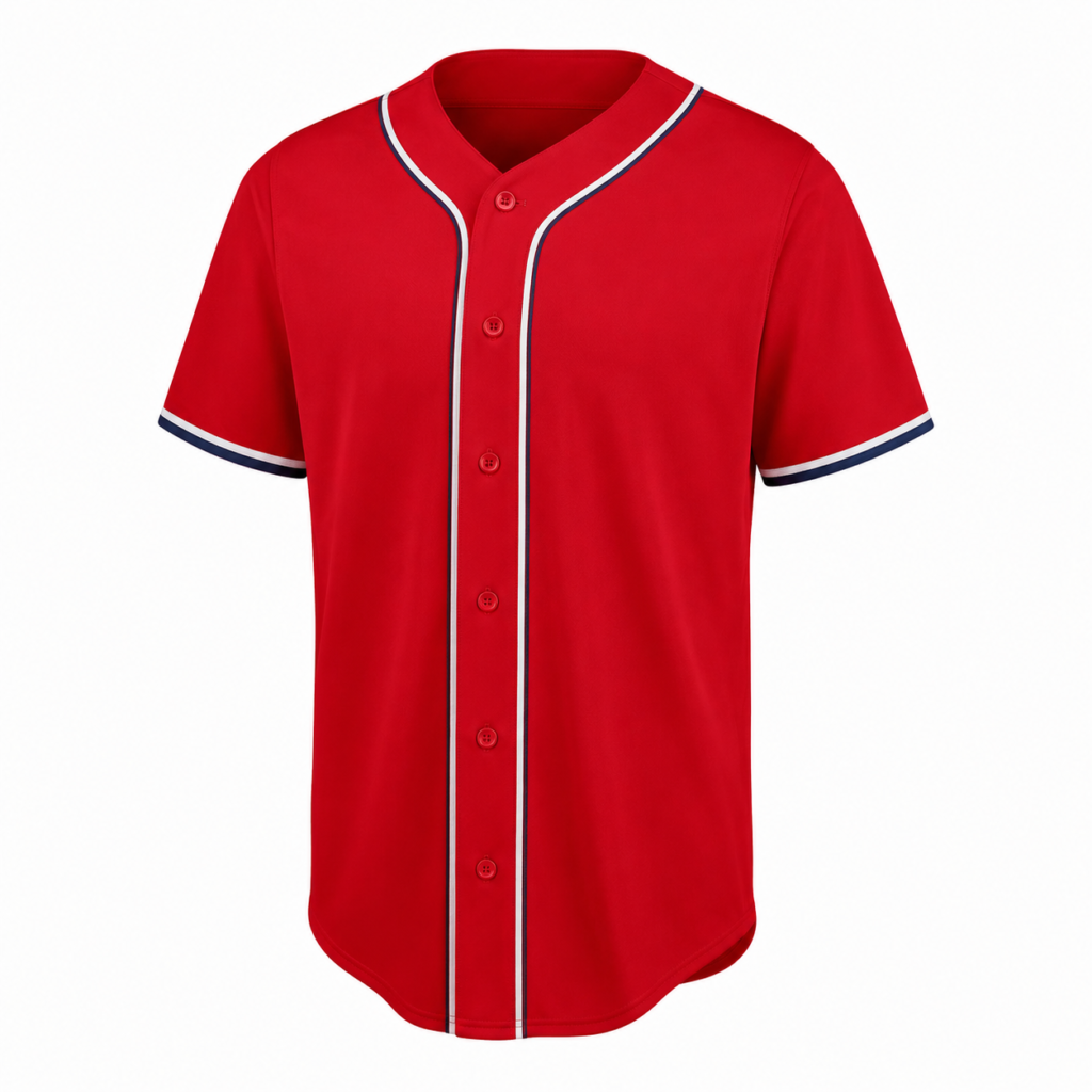 Red custom baseball jersey with white piping, button-front design, and classic athletic style.