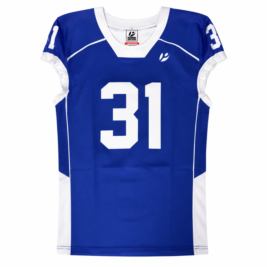 Blue and white custom American football jersey with number 31 and athletic design.