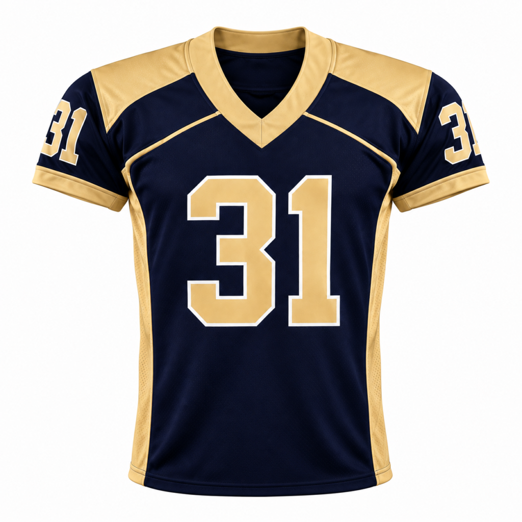 Navy and gold American football jersey with bold number 31 and custom athletic design.