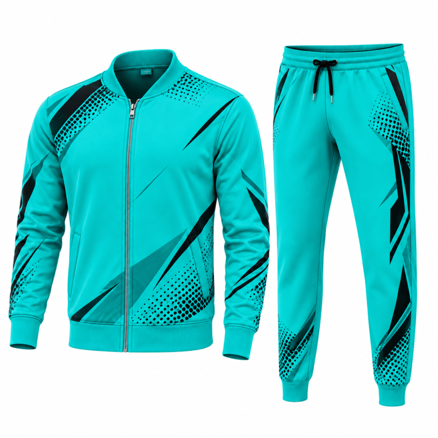 Turquoise printed tracksuit with black graphic design, zip-up jacket and matching jogger pants