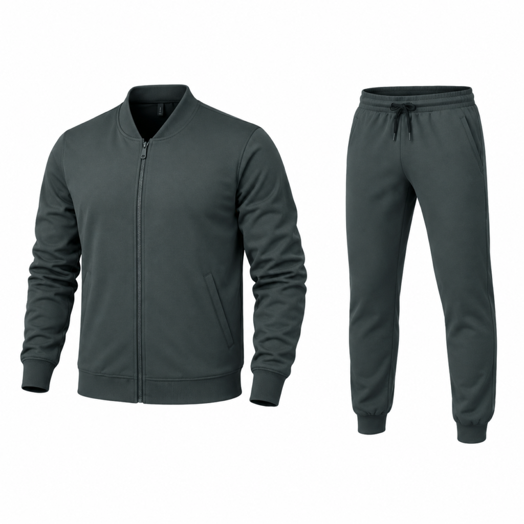 Men’s charcoal gray zip-up tracksuit jacket with matching tapered jogger pants on a white background