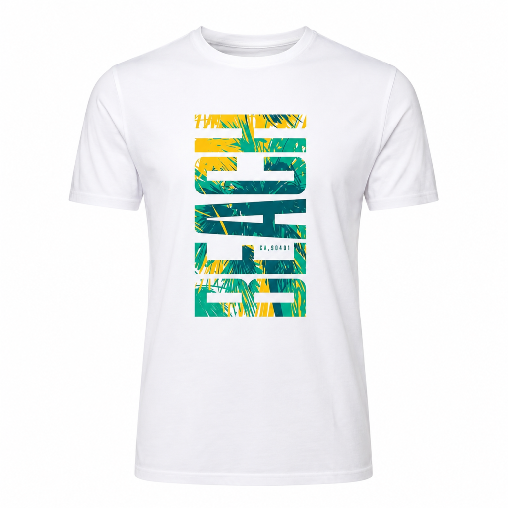 White men’s summer graphic T-shirt with colorful tropical palm leaf print and vertical SUMMER design.