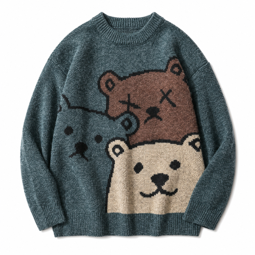 Blue knit sweater with cute bear graphic design