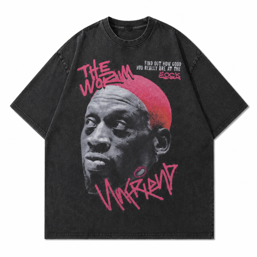 Black oversized graphic T-shirt with pink graffiti design and portrait print