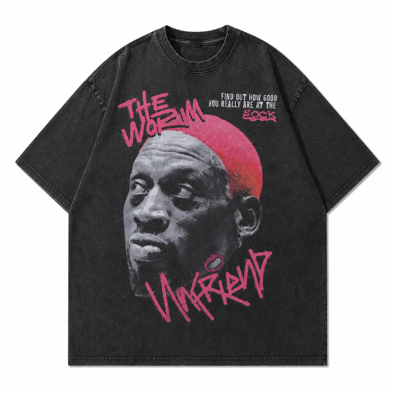 Black oversized graphic T-shirt with pink graffiti design and portrait print