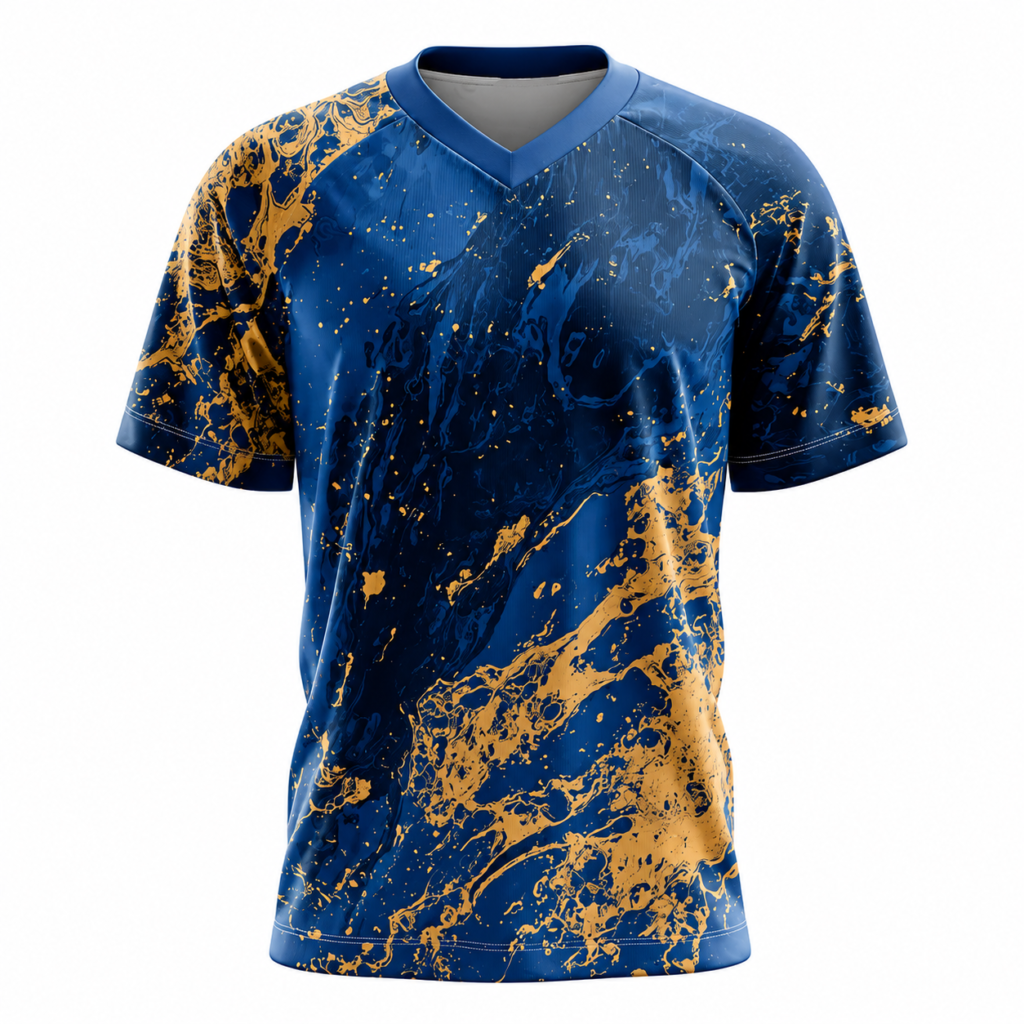 Blue and gold abstract print V-neck sports jersey