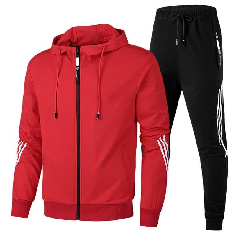 Red hooded tracksuit with black pants and contrasting white stripe accents, front view