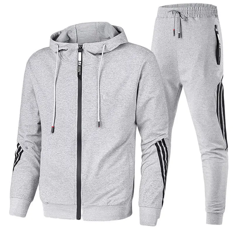 Light grey tracksuit with zip-up hooded jacket and matching pants, front view