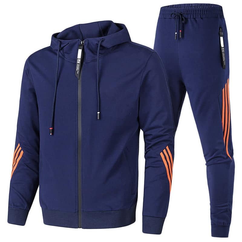 Navy blue tracksuit with zip-up hooded jacket and matching pants, front view