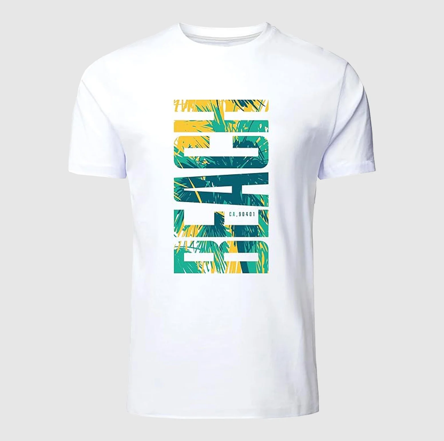 White custom graphic T-shirt with colorful front print, short sleeves, and clean crew neck, front view