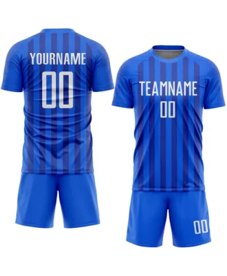 Blue custom soccer jersey and shorts set with vertical stripes, player name and number