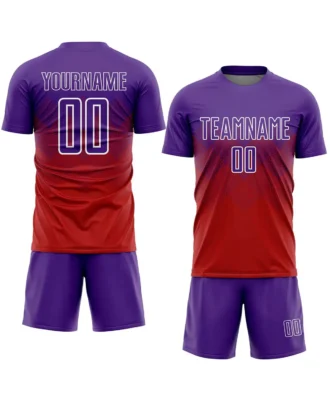 Purple and red custom soccer jersey and shorts set with player name and number