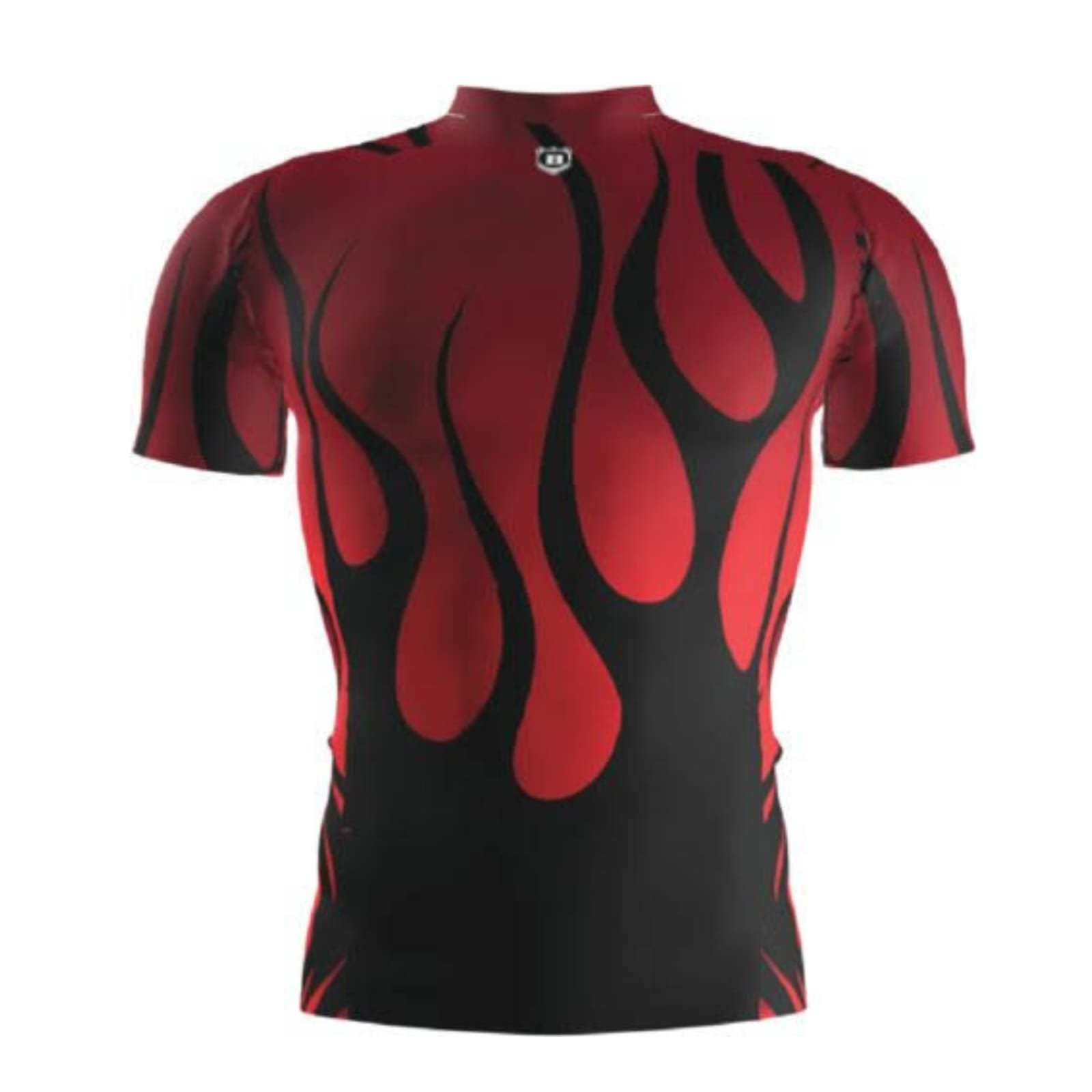 Red and black flame-pattern sports T-shirt.