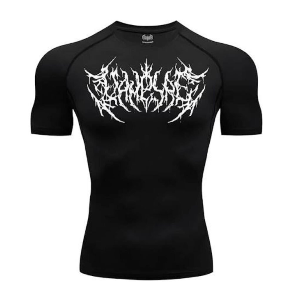 Black T-shirt with white gothic graphic.