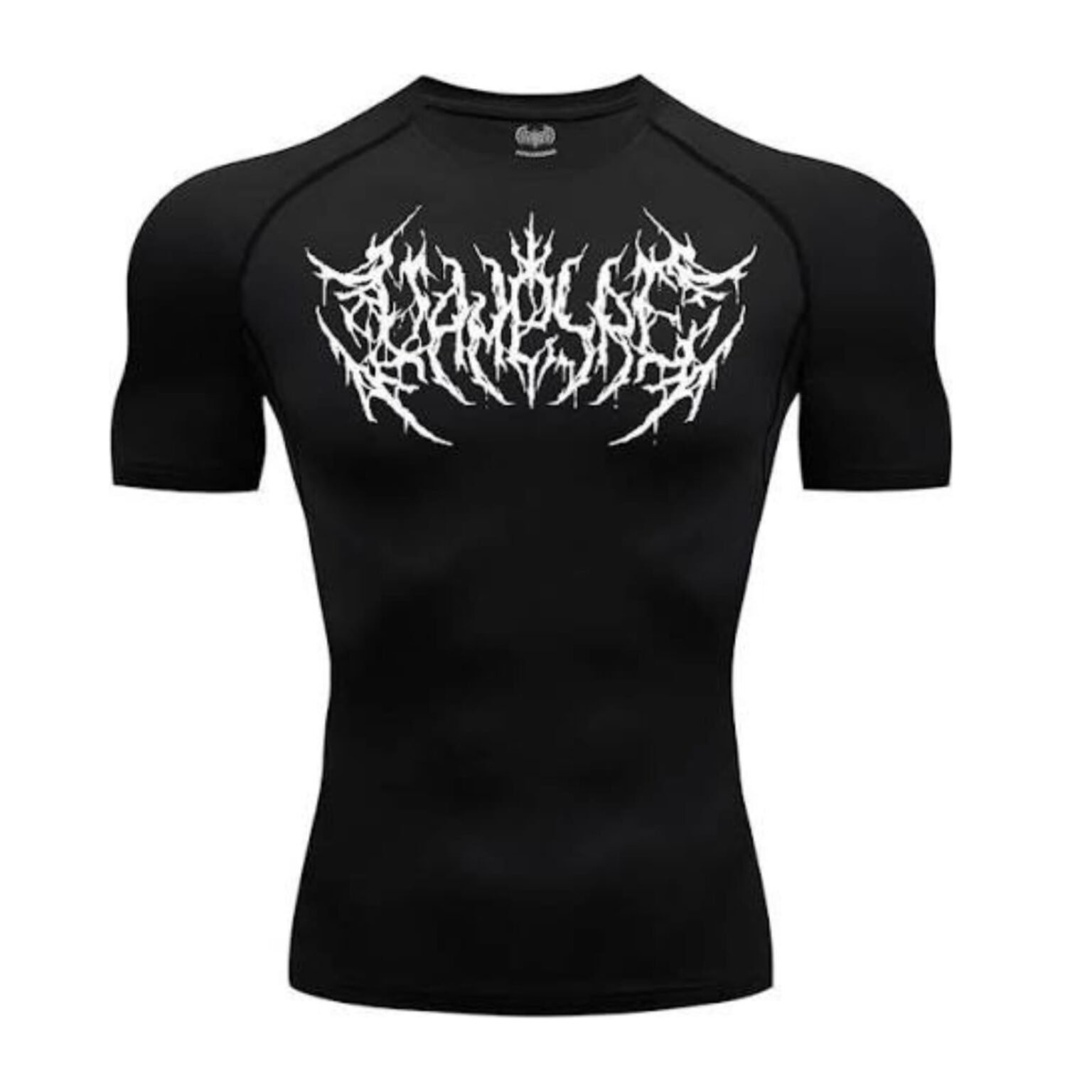 Black T-shirt with white gothic graphic.