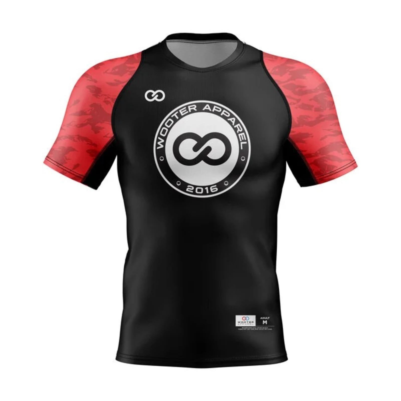 Black and red short-sleeve compression shirt with a circular chest logo.